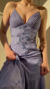 Blue Chiffon Sheath Long Prom Dress With Appliques, Slit Evening Party Dress, AST1521
